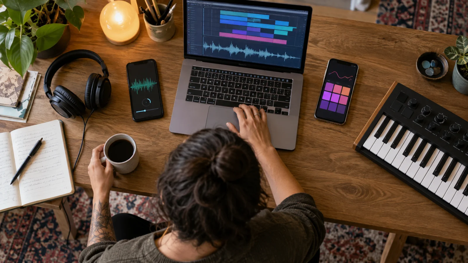 Varios móviles y un ordenador portátil sobre un escritorio, cada pantalla con una interfaz musical abstracta sin logotipos, junto a unos auriculares y un pequeño teclado MIDI