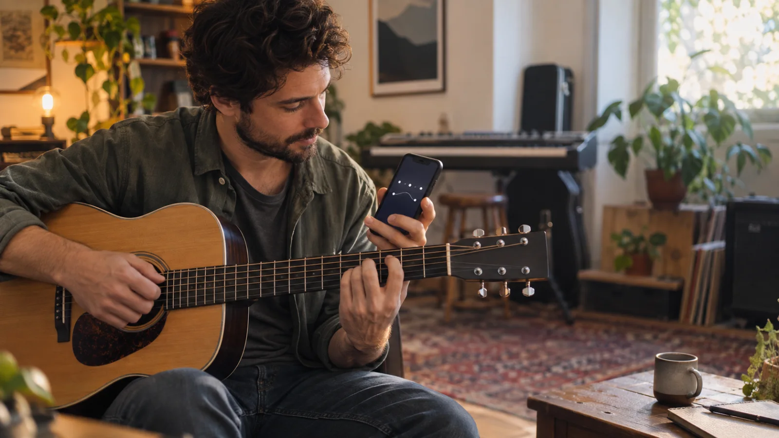 Un guitarrista fa un acord a la guitarra acústica mentre mira el mòbil