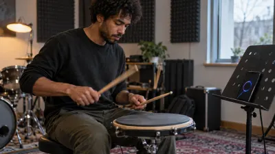A drummer practising on a practice pad with sticks in motion in a small rehearsal room with foam panels on the walls, a phone on a music stand showing only an abstract pulsing circle, in cool daylight