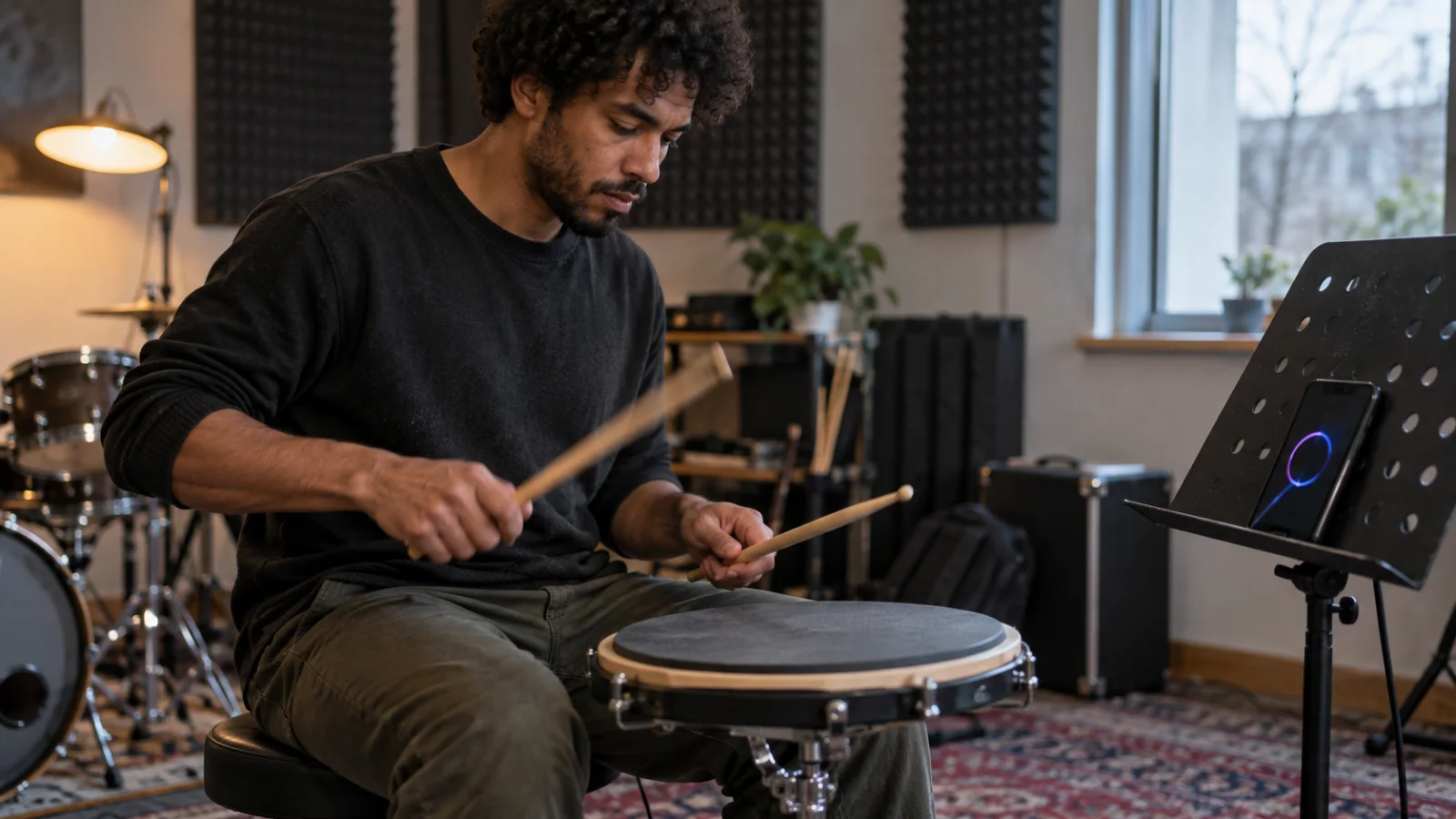A drummer practising on a practice pad with sticks in motion in a small rehearsal room with foam panels on the walls, a phone on a music stand showing only an abstract pulsing circle, in cool daylight