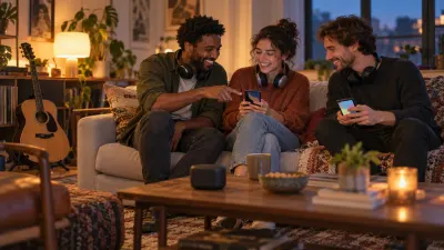 Three friends on a sofa sharing one playlist from their phones, headphones around their necks, a small speaker on the coffee table in warm evening lamp light