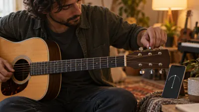 Close-up of hands turning the tuning pegs on the headstock of an acoustic guitar, with a phone leaning against the guitar that shows only an abstract needle gauge, in warm side light with a shallow depth of field