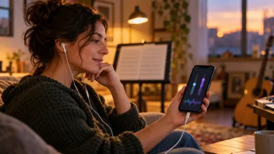 A singer at home holding a phone whose screen shows only two abstract sliders and a waveform, with wired earphones, a lyric sheet on a music stand and warm evening light