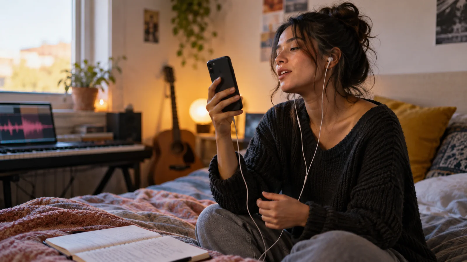 Una cantante joven en su dormitorio sostiene el móvil a la altura de los ojos y canta con auriculares puestos, junto a un cuaderno abierto con la letra escrita a mano sobre la cama