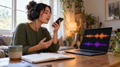 A singer at home wearing headphones records a voice note on a phone next to an open lyric notebook, while the laptop beside them shows abstract waveform shapes of a bandmate's take, in daylight