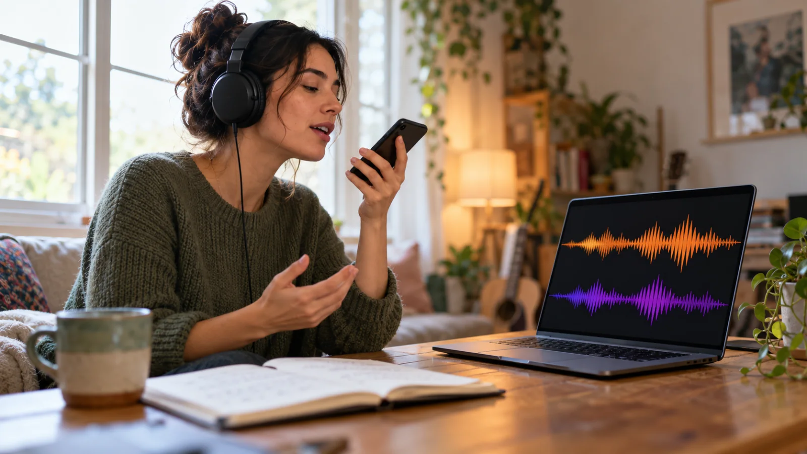 A singer at home wearing headphones records a voice note on a phone next to an open lyric notebook, while the laptop beside them shows abstract waveform shapes of a bandmate's take, in daylight