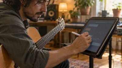 An iPad on a music stand next to an acoustic guitar, a hand writing on the screen with a stylus, the screen showing an abstract layout of lyric lines and chord symbols with no readable text