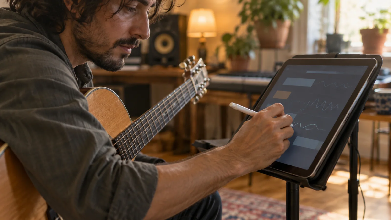Un iPad sobre un atril junto a una guitarra acústica, una mano escribe en la pantalla con un lápiz digital y se intuye un esquema de letra y acordes sin texto legible
