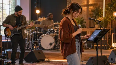 A worship band rehearsing on a small stage before a service: a bassist and a drummer in soft focus, a singer checking a tablet on a music stand, cables and monitors on the floor, warm stage light