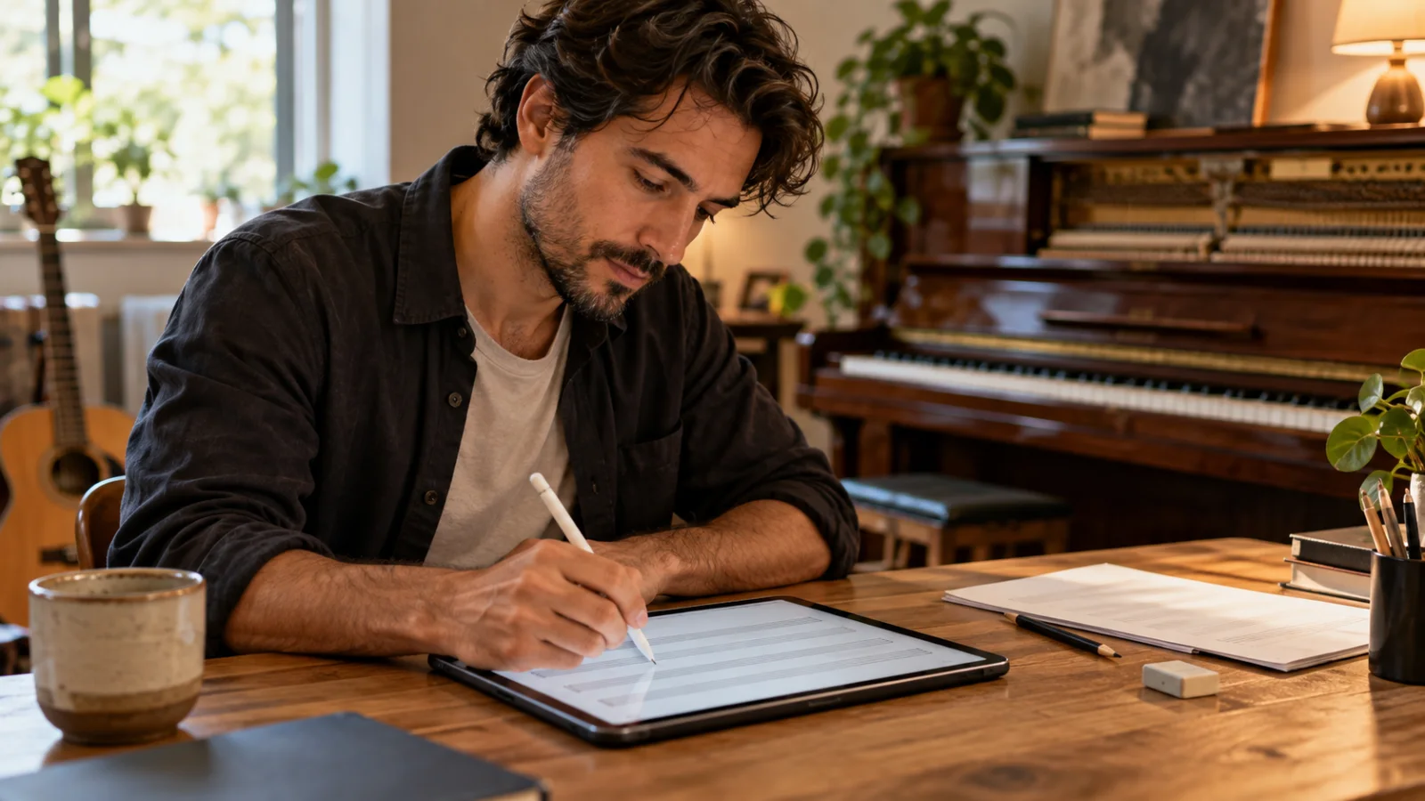 A composer at a desk writes on a tablet with a stylus; the screen shows only abstract staff-like lines with no readable notes, an upright piano stands in soft focus behind, and a pencil and an eraser lie on the desk in calm daylight