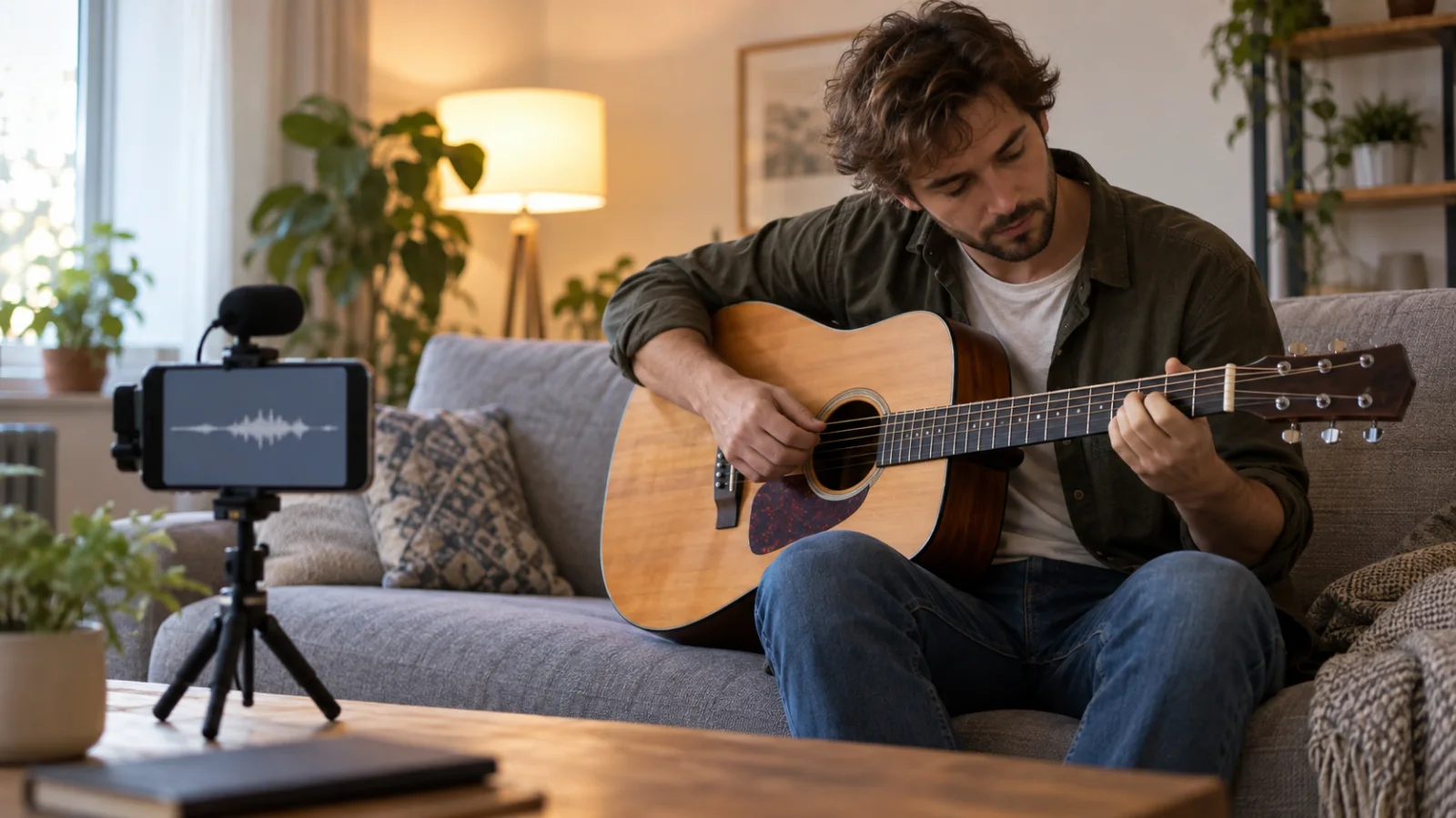 Un móvil sobre un pequeño trípode, con un micrófono de pinza conectado, graba a un guitarrista acústico sentado en un sofá en un salón acogedor iluminado por una lámpara cálida