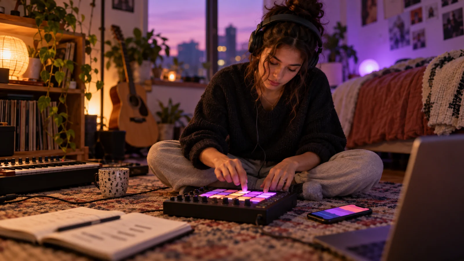 A young producer sits on a bedroom floor with headphones on, tapping a small pad controller with glowing pads next to a phone showing abstract colored blocks and a notebook with a few scribbled bars, in purple evening light