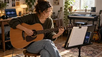 A handwritten lyric sheet on a music stand, a phone beside it recording a hummed melody shown as a simple waveform, and an acoustic guitar resting on a knee in soft daylight in a small room