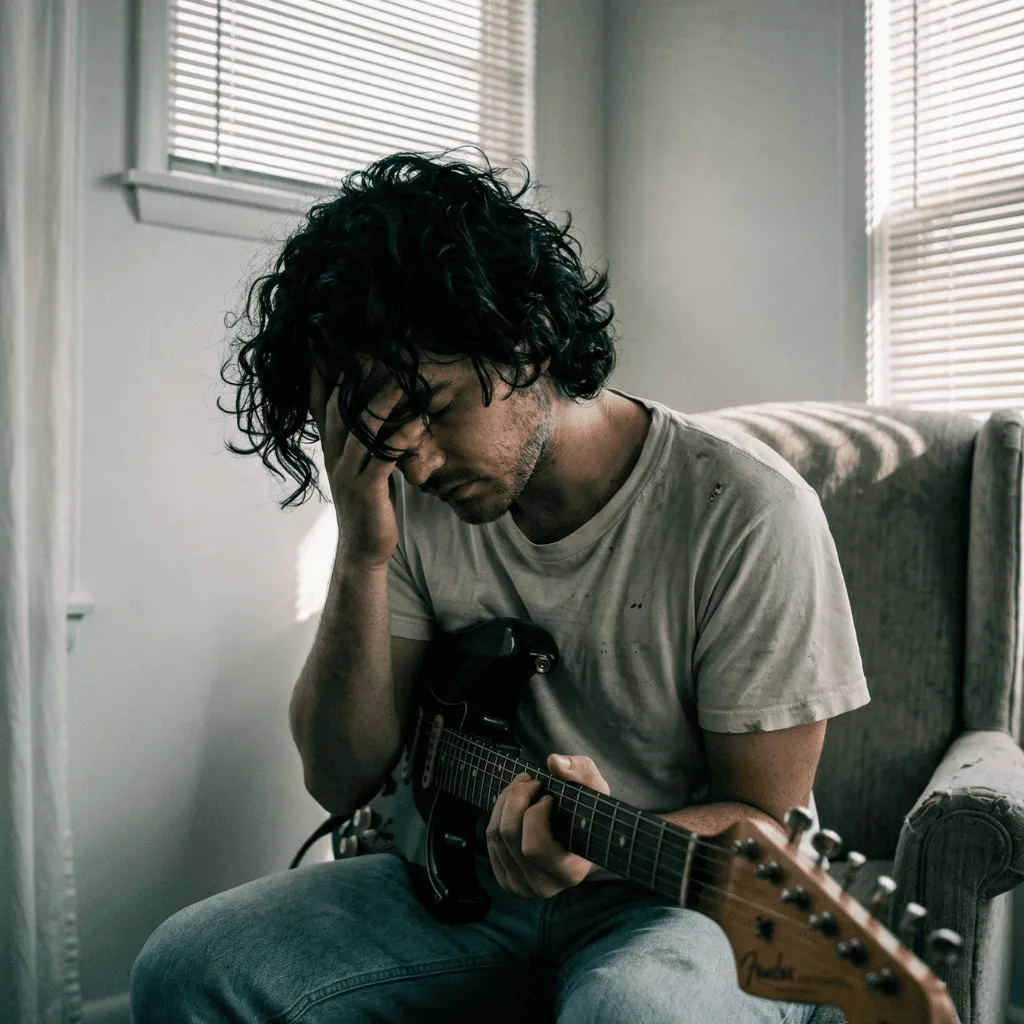 Sad guy with headphones sitting, looking down in a relaxed vibe