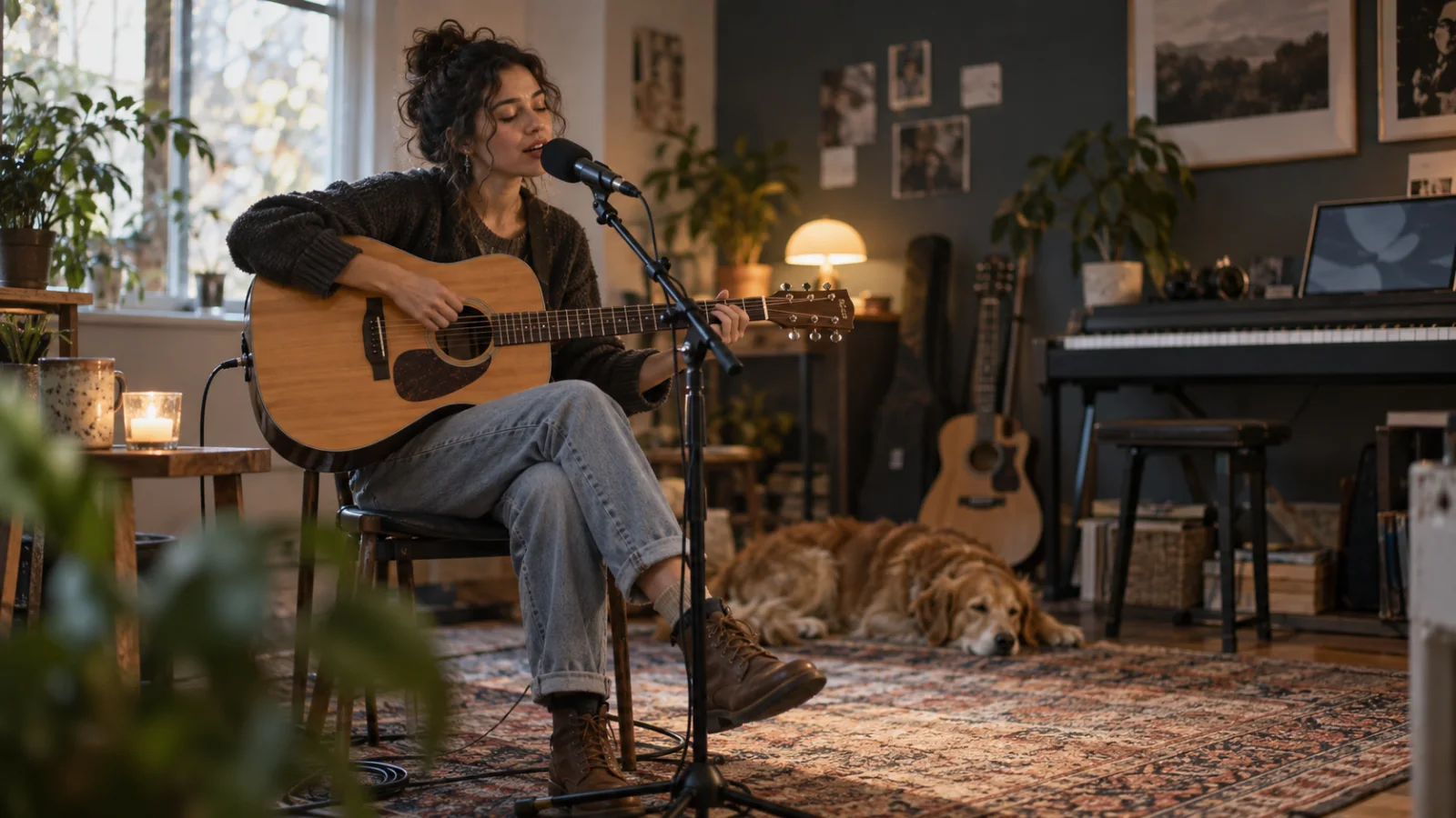 Un cantautor en una habitació petita toca una guitarra acústica i canta davant d’un micròfon amb peu, amb els ulls mig closos i concentrat, mentre un peu marca el pols sobre el terra de fusta