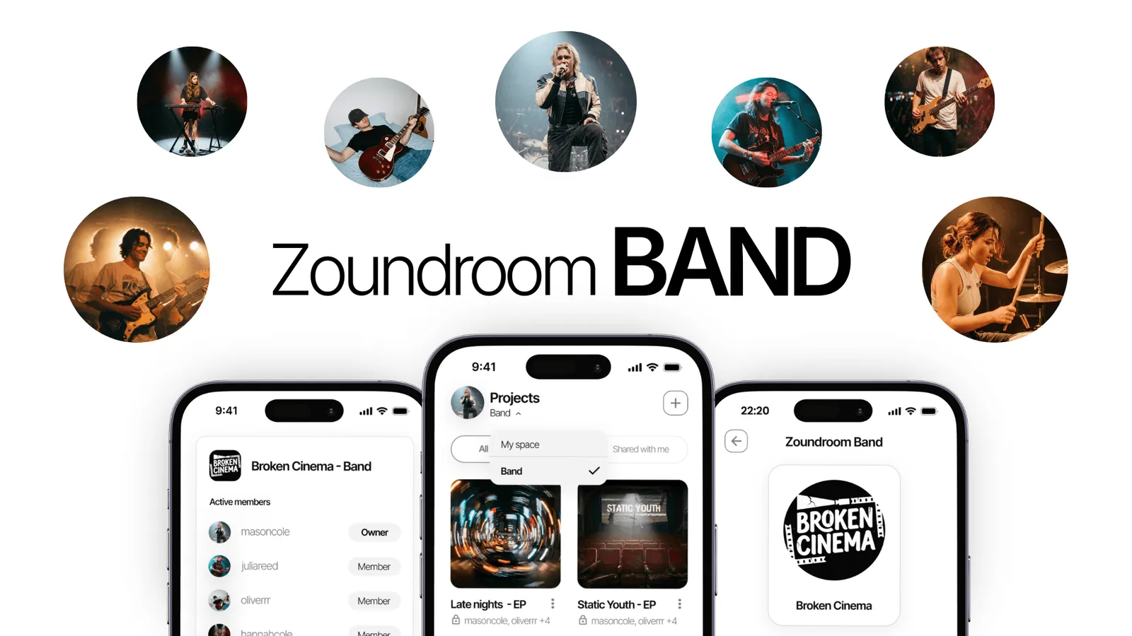 Zoundroom app view on the Band Plan, featuring musician and instrument profiles