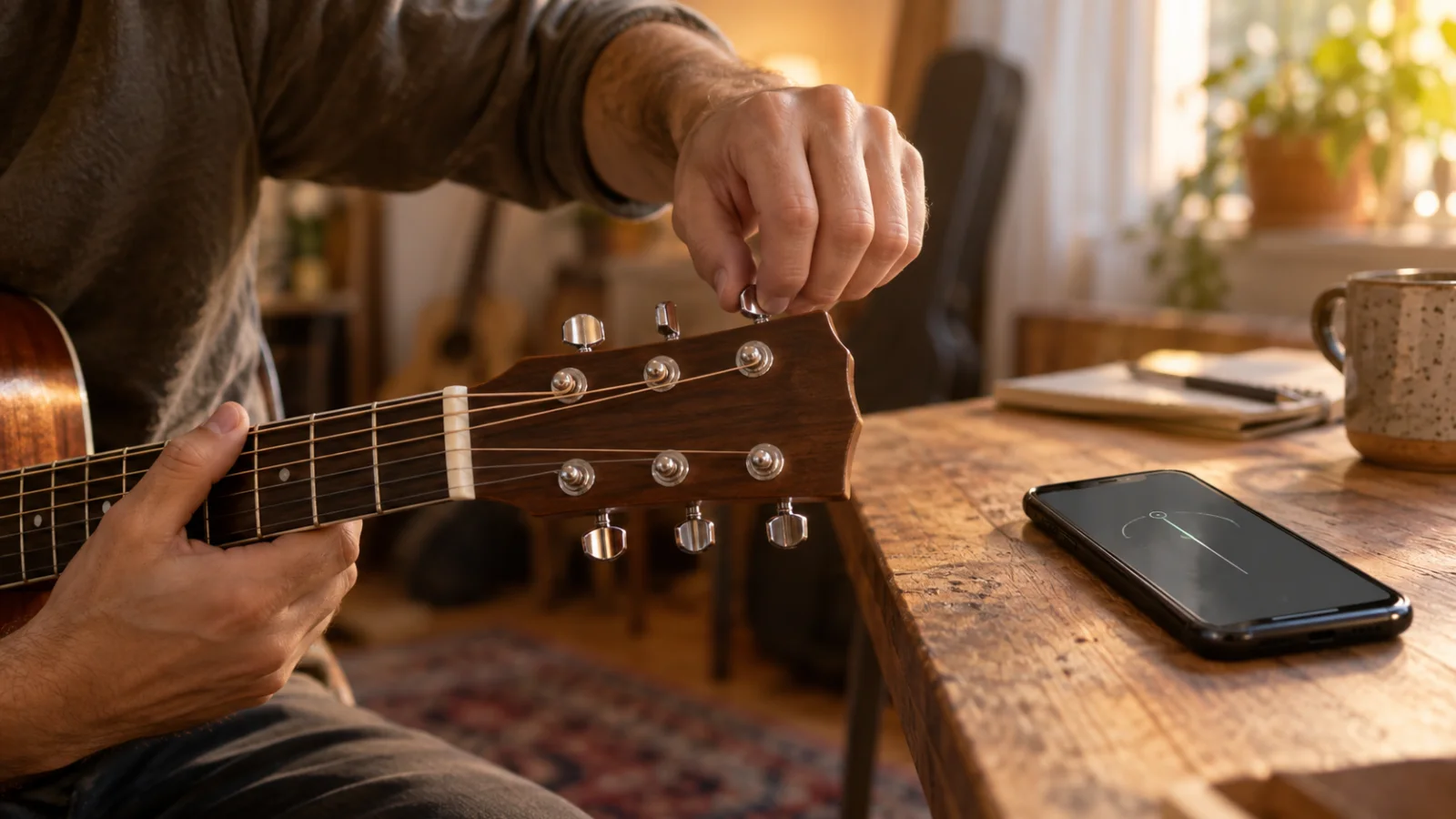 Primer plano de unas manos girando una clavija en la pala de una guitarra acústica, con un móvil al lado sobre una mesa de madera y luz cálida de ventana