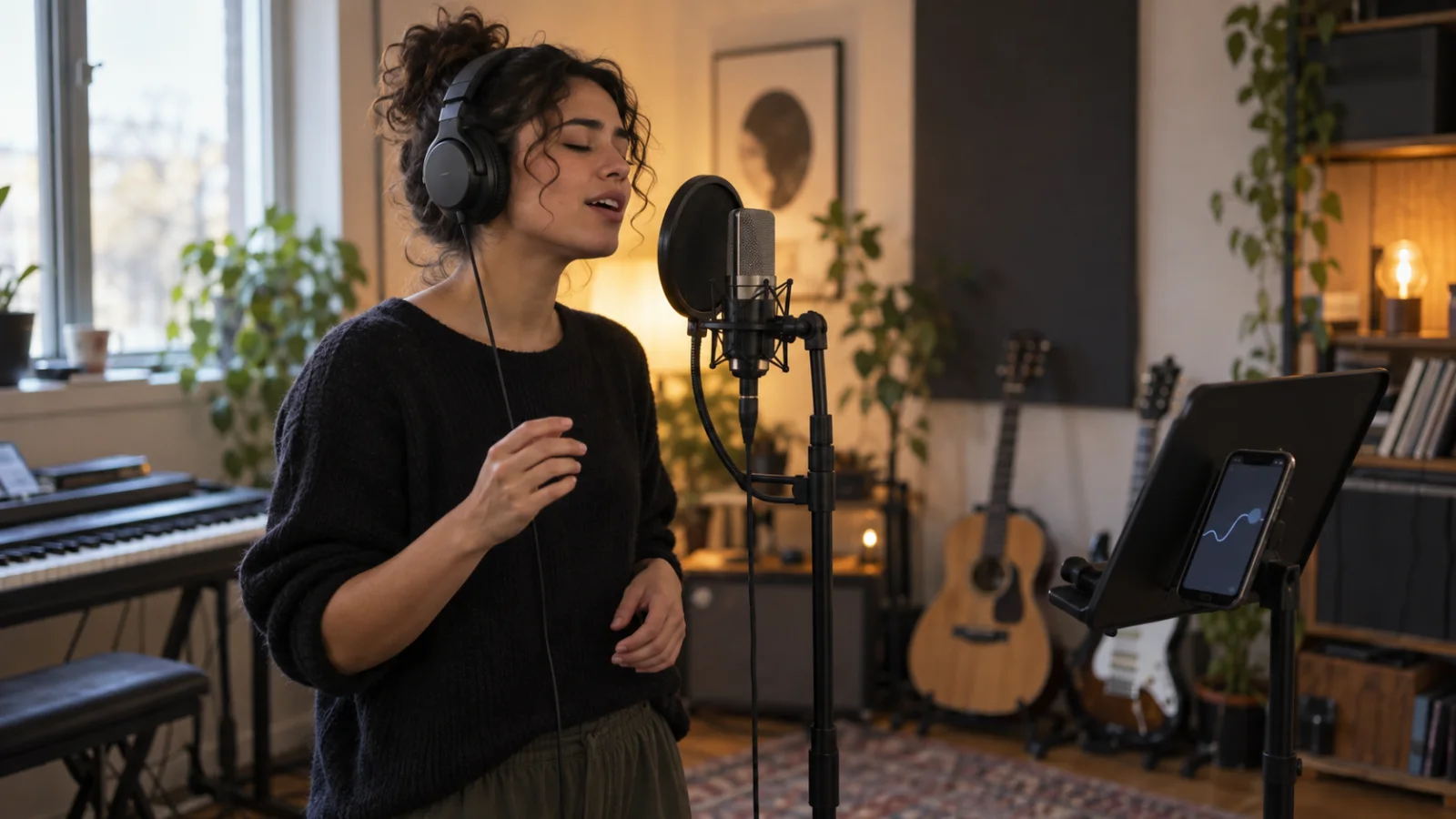Una cantante con auriculares practica en casa frente a un móvil colocado en un atril que muestra una línea de afinación sencilla, con los hombros relajados, en un pequeño estudio casero