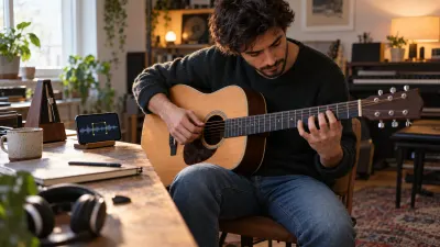 A guitarist practicing a difficult passage in morning light, with a phone on a stand showing an abstract waveform with a loop bracket and a metronome on the table