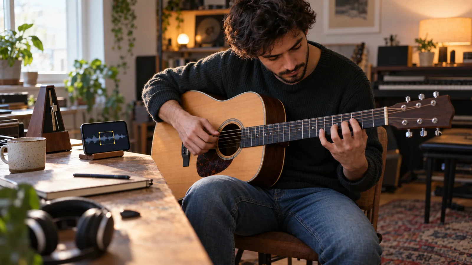 Un guitarrista practica un pasaje difícil con luz de mañana, con un móvil en un soporte que muestra una forma de onda abstracta con un corchete de bucle y un metrónomo sobre la mesa