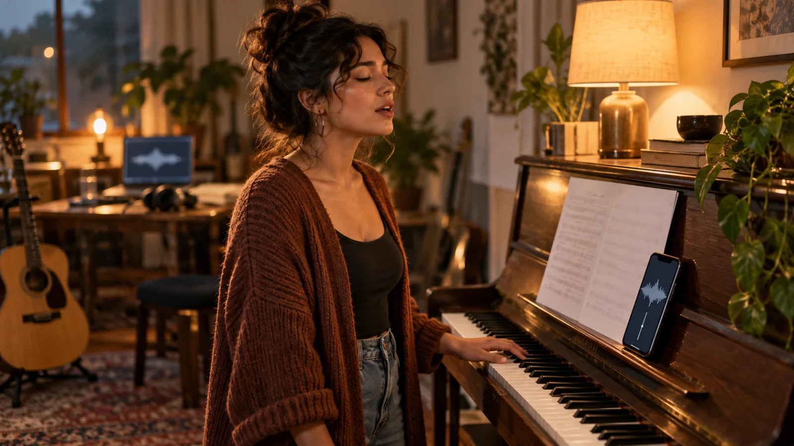 Una cantante de pie junto a un piano con una mano sobre las teclas y un móvil en el atril que muestra una forma de onda abstracta y un control deslizante hacia arriba y hacia abajo, con luz cálida de atardecer