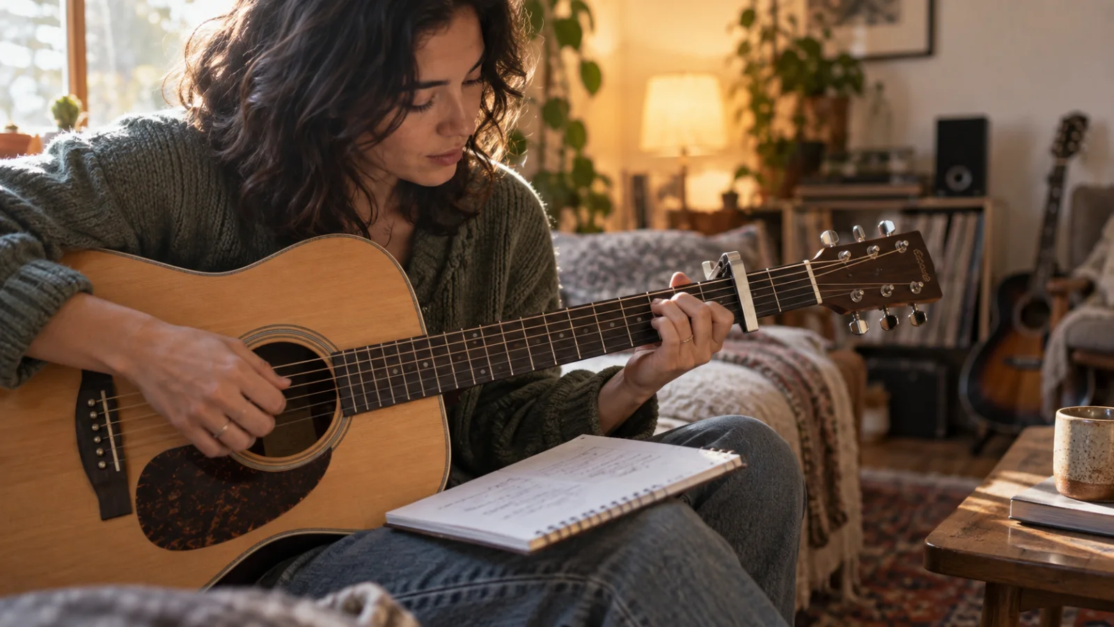 Plano cercano de una compositora tocando una guitarra acústica, con los dedos formando un acorde y una libreta sobre la rodilla