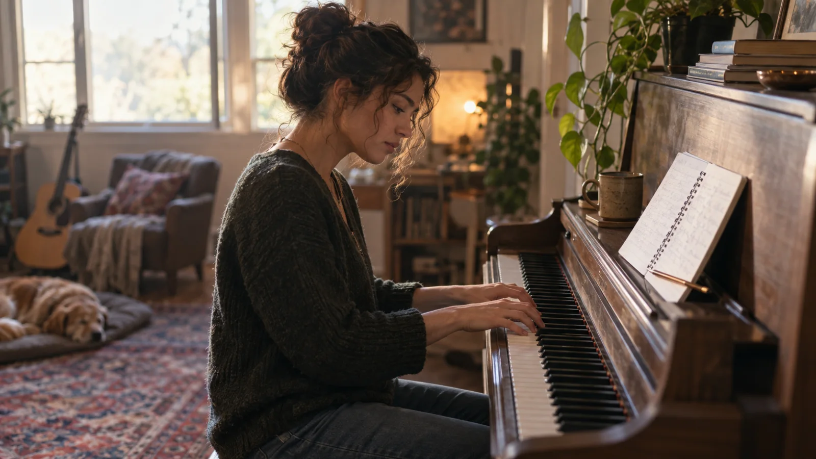 Compositora escrivint una cançó en un piano vertical amb llum de dia, amb les dues mans sobre les tecles i un llapis i una llibreta oberta damunt del piano