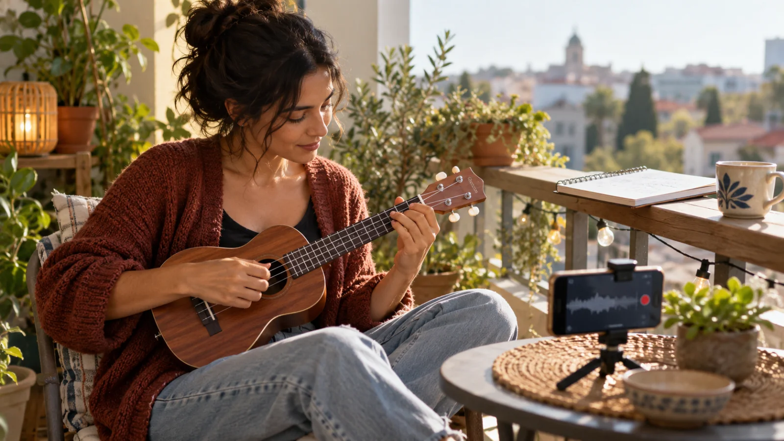 A person sitting on a balcony playing a soprano ukulele in bright morning light, a notebook with short handwritten lines on the railing and a phone recording on a small table among potted plants