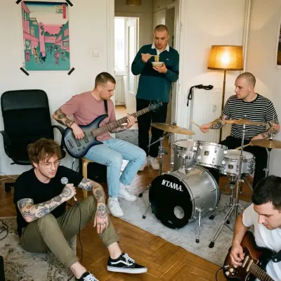 Five musicians rehearsing together with vocals, guitar, bass, and drums in a room