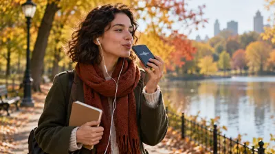 A person walking through a park in autumn daylight hums into a phone held near their mouth, an abstract waveform on the screen, earphones in and a small notebook in the other hand