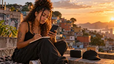 Uma jovem MC brasileira numa laje de um morro ao pôr do sol escreve uma letra no celular, com uma caixinha de som e um boné ao lado e casas coloridas desfocadas ao fundo, sob uma luz dourada