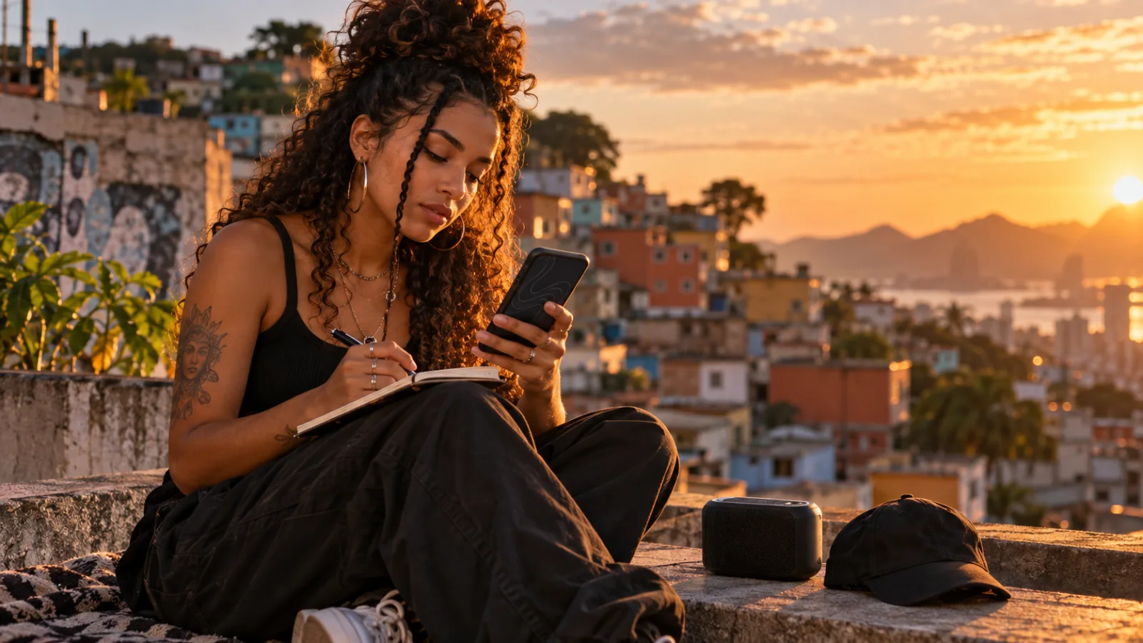 Uma jovem MC brasileira numa laje de um morro ao pôr do sol escreve uma letra no celular, com uma caixinha de som e um boné ao lado e casas coloridas desfocadas ao fundo, sob uma luz dourada