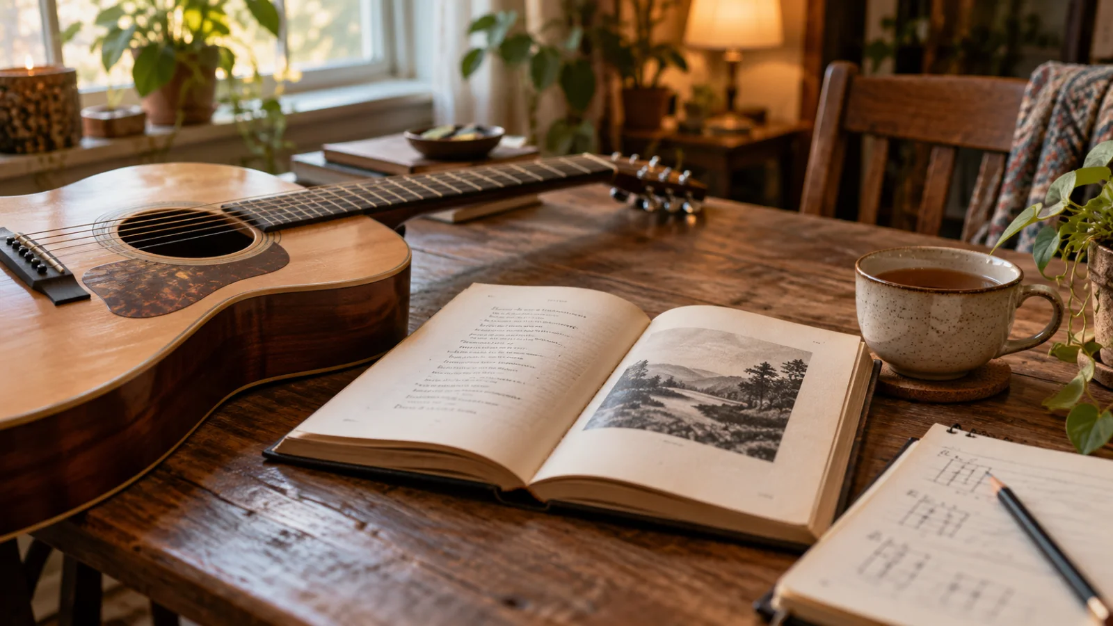 An open old poetry book on a wooden table next to an acoustic guitar lying flat and a pencil, with handwritten chord letters in the margin, a cup of tea and soft light from a window