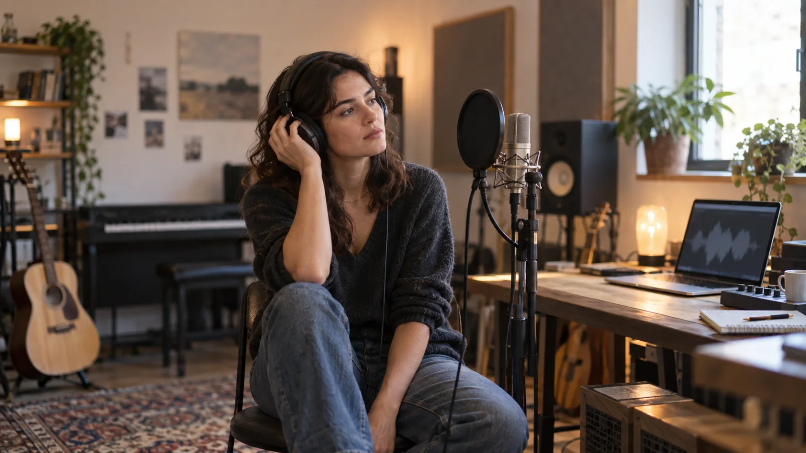 Una persona in un piccolo home studio riascolta in cuffia alcune take brevi, seduta accanto al microfono con aria pensierosa