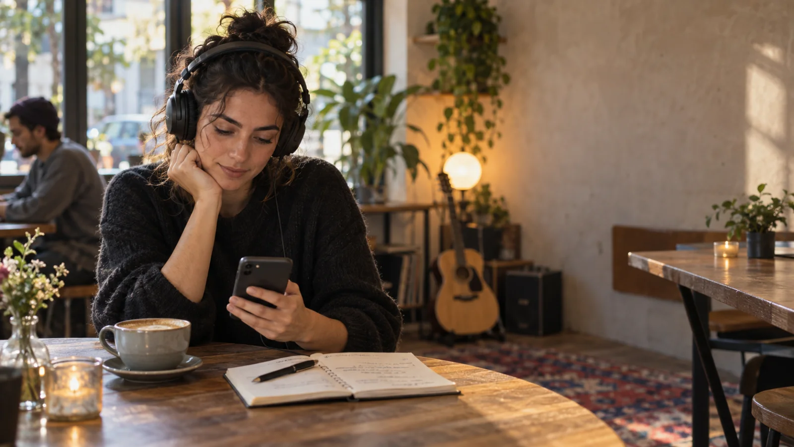 Músico en la mesa de una cafetería con auriculares, escuchando una maqueta en el móvil antes de enviarla, junto a una libreta con una lista breve