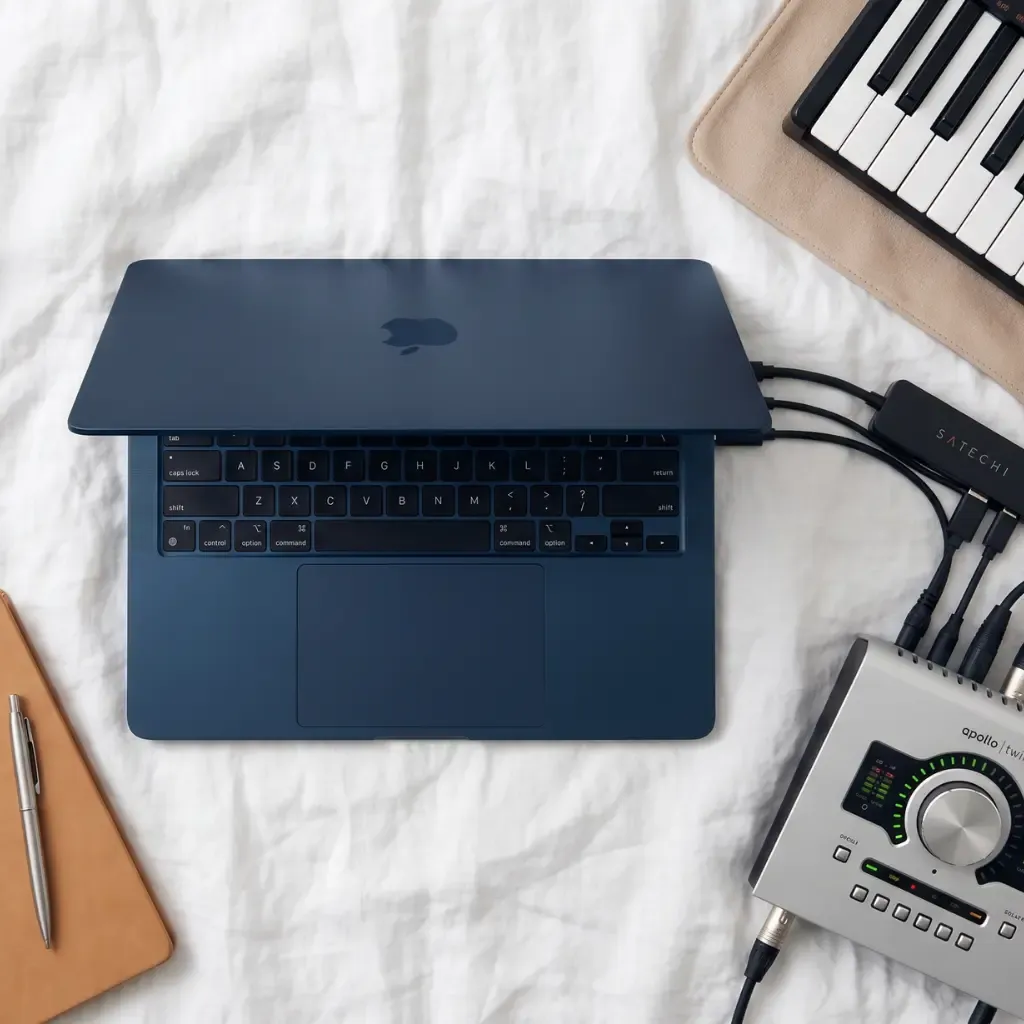 MacBook, Apollo Twin, and keys on a bed—the ultimate songwriter's setup.