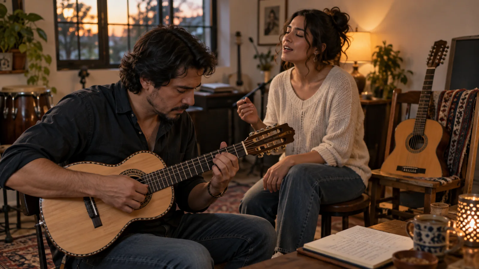 Una persona que toca el requinto y otra que canta en un cuarto pequeño, con una guitarra de doce cuerdas apoyada en una silla y una libreta de versos, bajo una luz cálida de atardecer