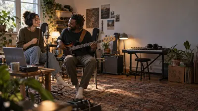 Two musicians smiling in a small studio right after one of them sings a catchy phrase into a microphone, while the other holds a bass guitar