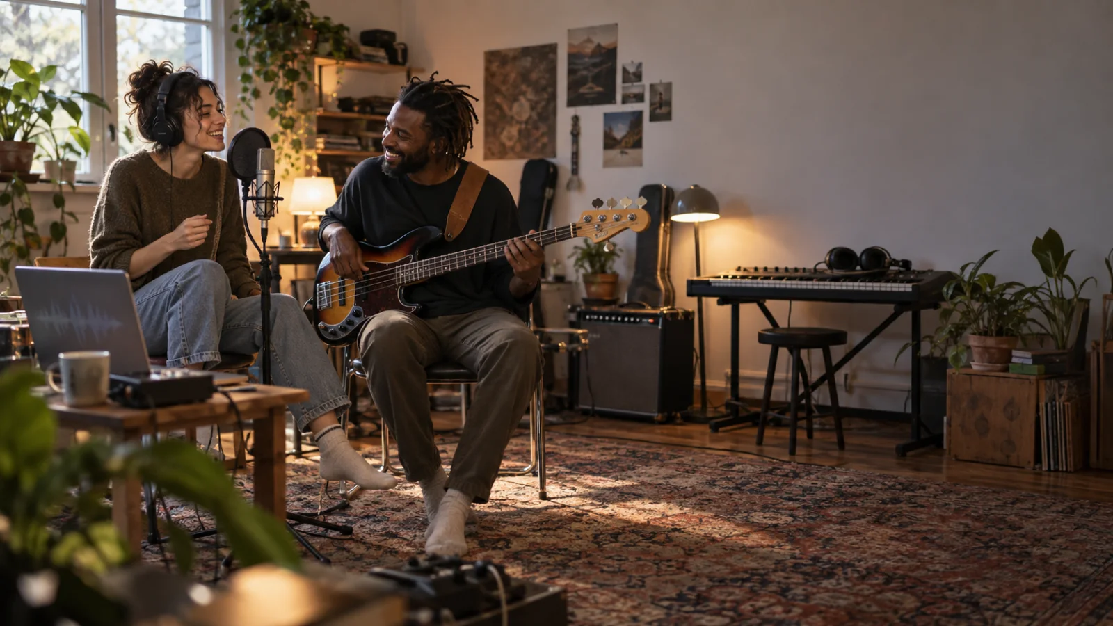 Zwei Musiker lächeln in einem kleinen Studio, gleich nachdem einer von ihnen eine eingängige Phrase ins Mikrofon gesungen hat; der andere hält einen E-Bass