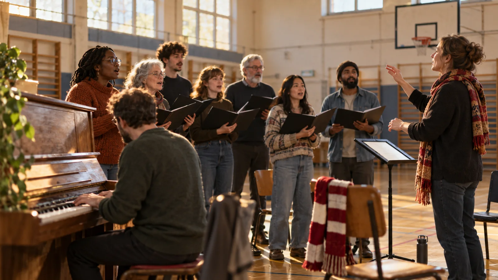 A small community choir of mixed ages rehearses in a school gym beside a piano, a teacher conducting with one raised hand, a local football club scarf draped over a chair, warm afternoon light coming through high windows