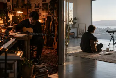 Songwriter exploring musical contrast with keyboard, guitar, notebook, and headphones