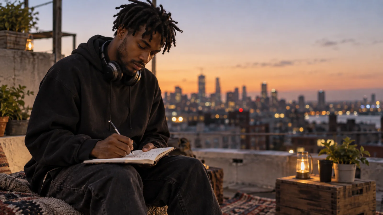 Un rapper scrive barre su un quaderno su un tetto al tramonto, con le cuffie al collo e le luci della città sfocate alle spalle