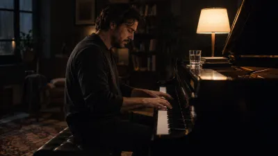 A pianist plays a slow piece in a dark room lit by a single lamp, a glass of water resting on the piano, calm and absorbed in the music