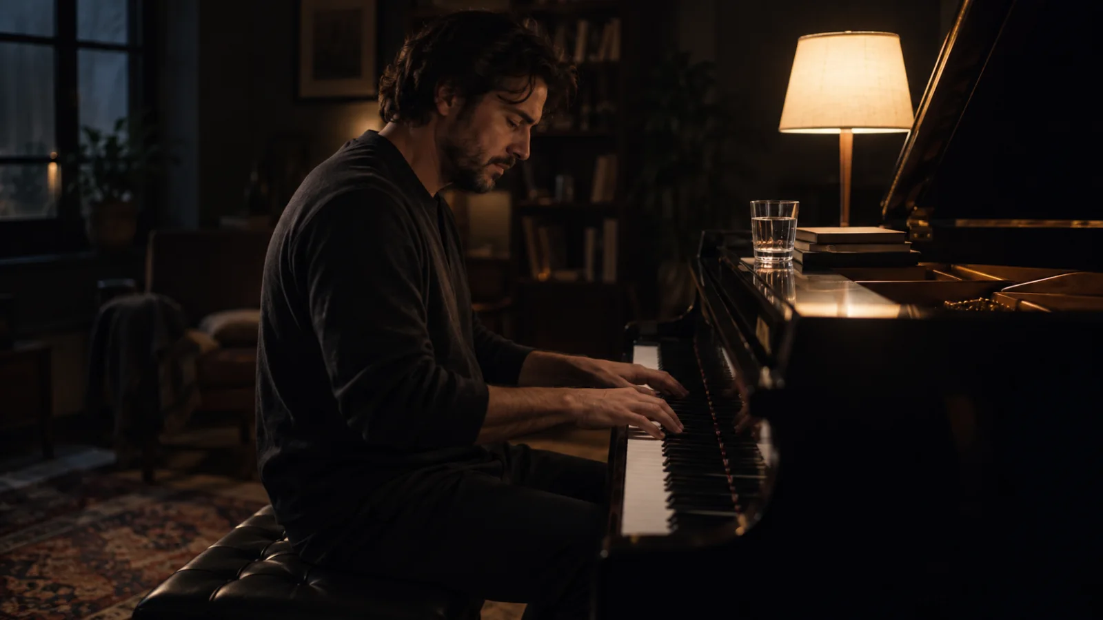 Una persona suona un brano lento al pianoforte in una stanza buia illuminata da una sola lampada, con un bicchiere d’acqua appoggiato sul piano, calma e assorta nella musica