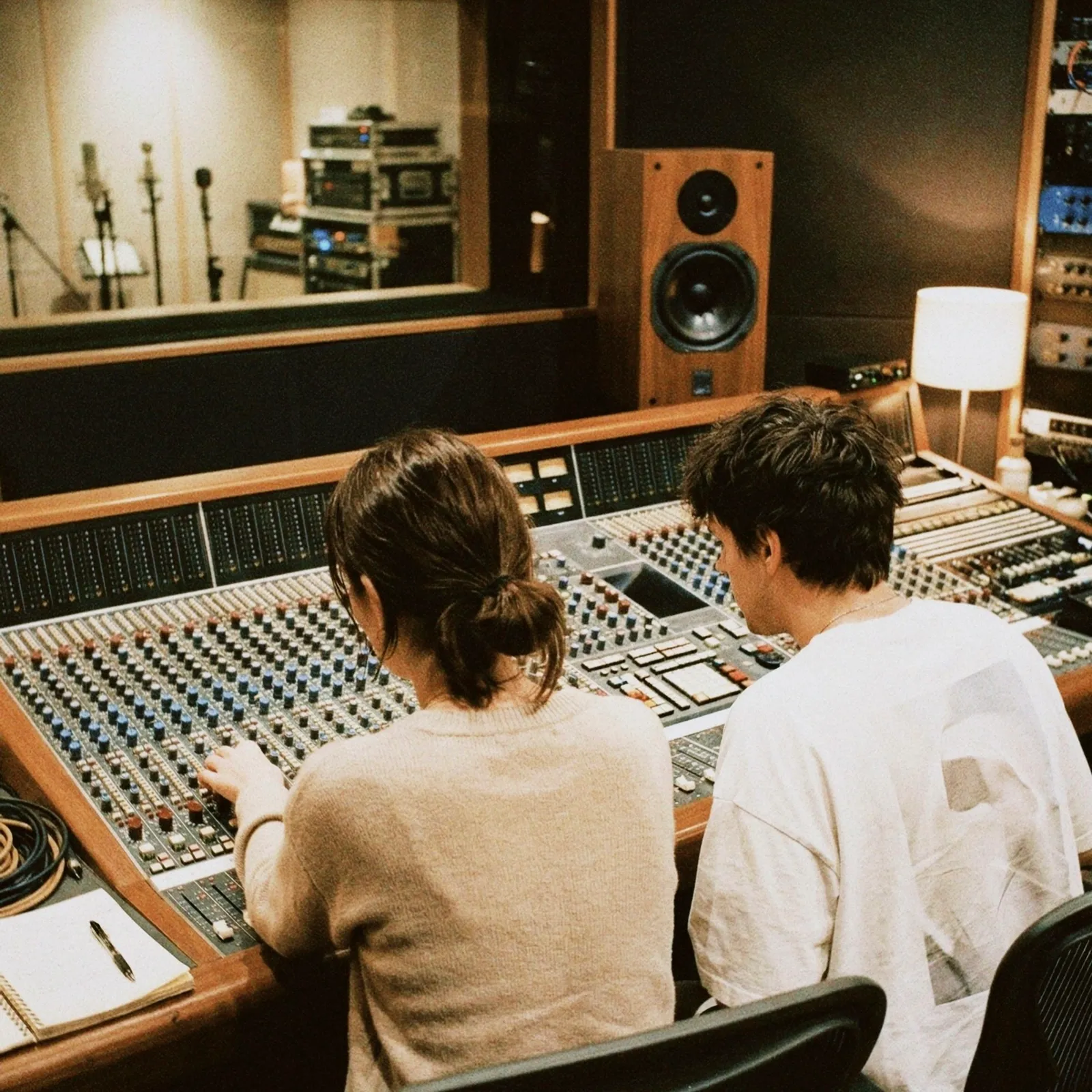Two people producing music at a mixing console in the studio