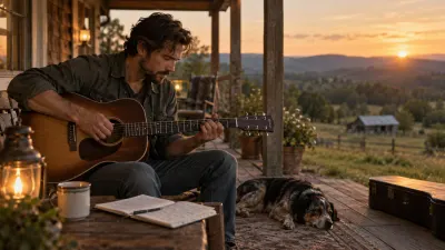A songwriter sits on a wooden porch at golden hour with an acoustic guitar and an open notebook, a rural landscape softly out of focus behind them