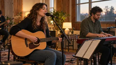 A worship leader with an acoustic guitar and a keyboard player rehearse in a small church with warm wooden walls on a weekday evening, a notebook with handwritten lines open on a music stand