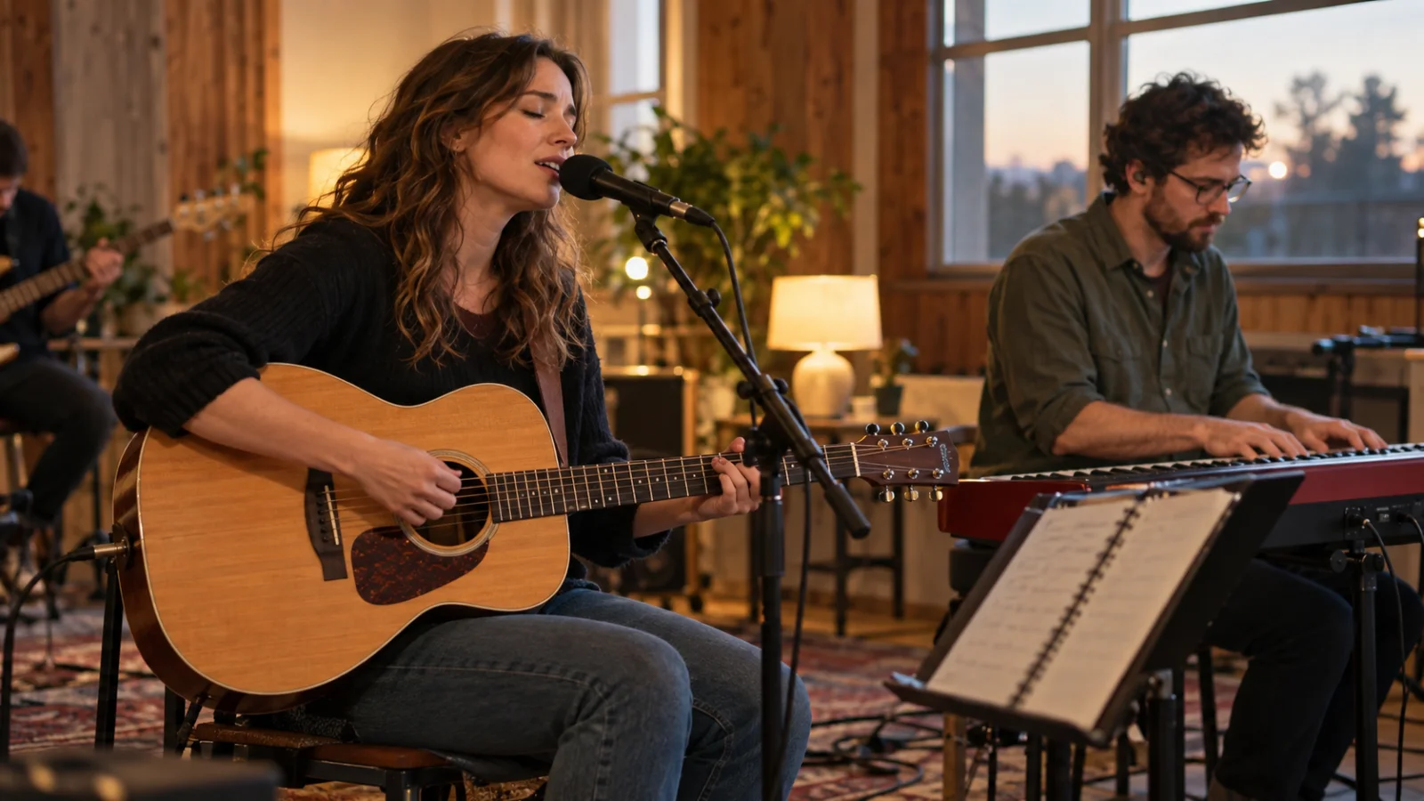 A worship leader with an acoustic guitar and a keyboard player rehearse in a small church with warm wooden walls on a weekday evening, a notebook with handwritten lines open on a music stand