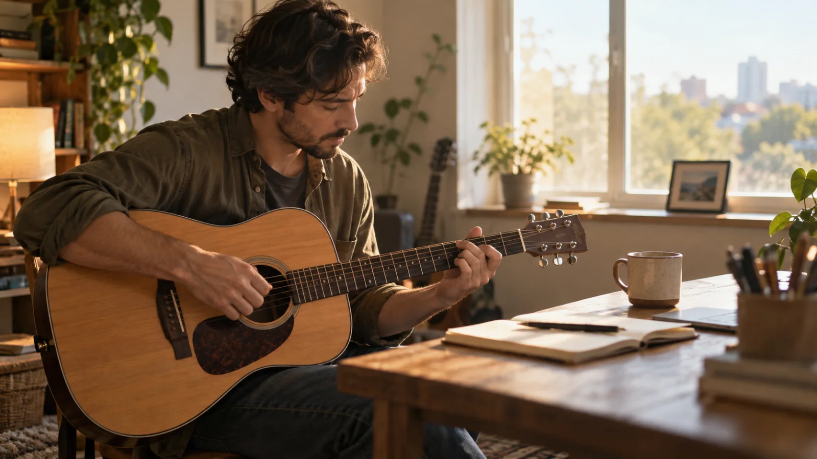 Un cantautore scrive una canzone d’amore con la chitarra acustica accanto a una finestra piena di sole, con una piccola foto incorniciata sfocata sul davanzale