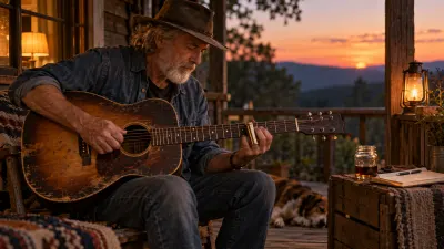 An older musician on a wooden porch at dusk playing a weathered acoustic guitar with a glass bottleneck slide on one finger, a glass jar and an open notebook on a wooden crate beside him, in warm amber light